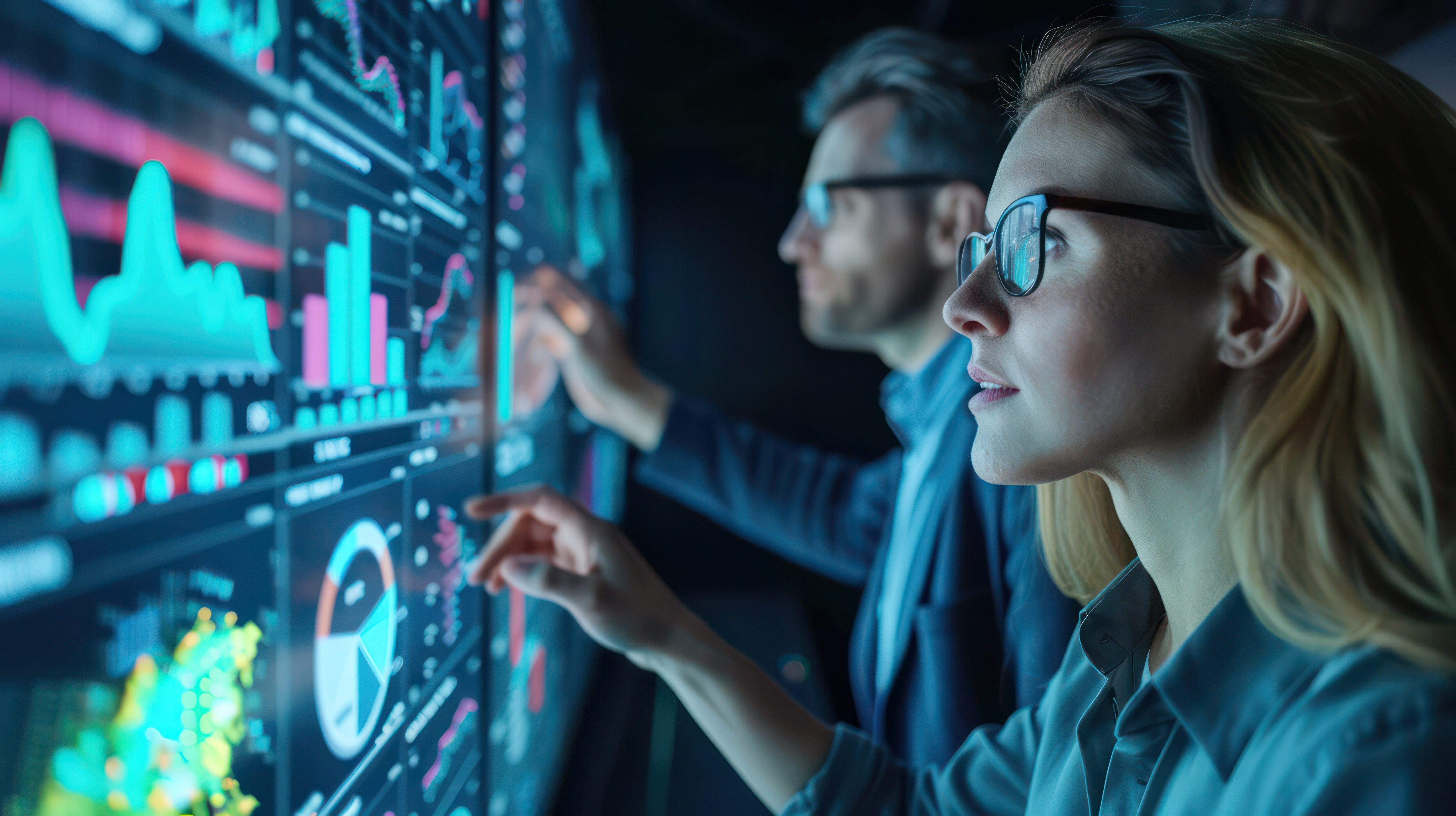 Team working together with someone pointing at something on the screen